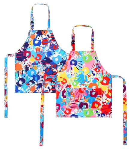 CIATBYYJ 2 Stück Malschürze Kinder, Verstellbare Schürze Kinder Schule, Bunt Kinderschürze, Wasserdicht Bastelschürze mit Taschen, Kochschürze für Schule Kunst Malerei Basteln Malen Kochen (4-12)