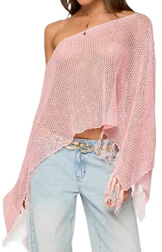 Edhomenn kvinnor enfärgad ren poncho axelryckning sommar off-shoulder täcka upp pullover stickad nät poncho Bolero, Ca rosa, S
