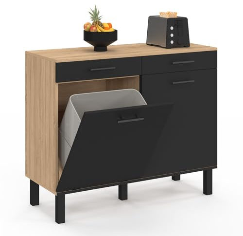 IDMarket - Buffet Bas de Cuisine 100 cm CINA façon hêtre et Noir | Plan de travail H.83 cm, espace poubelle 100 cm, 2 portes + tiroirs