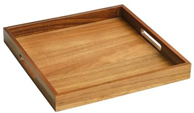 HillSpring Serviertablett aus Akazienholz mit Griffen, 33 x 33 x 4 cm, Holztablett quadratisch zum Servieren von Getränken, Frühstück & Deko, Tablett für Couch, Küche & Wohnzimmer