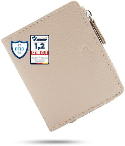 Baur Damen Geldbörse klein – Echtes Leder mit RFID-Schutz – Kleines Portemonnaie mit 7 Kartenfächern – Druckknopfverschluss und Münzfach mit Reißverschluss (Silber Reißverschluss, Taupe)