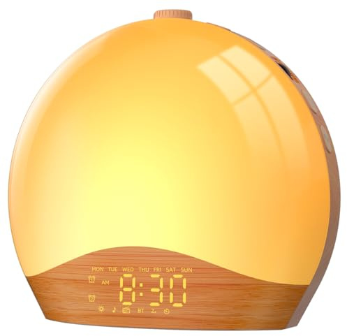 LIORQUE Sunrise Alarm Clock Wake Up Light Clock with Sunrise/Sunset Simulation, 8 Colors Atmosphere Lamp, 22 Natural Sounds, Dual Alarms, Snooze and FM Radio, Light Up Alarm Clock Bedside(Wood)