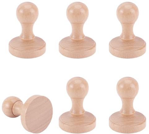 HOBBIESAY 6 pomelli rotondi da 45 mm, in legno, con manico rotondo, supporti per timbri, cassetti, in legno di faggio, guarnizione vuota per fai da te, artigianato, scrapbooking, biglietti, diari, fai