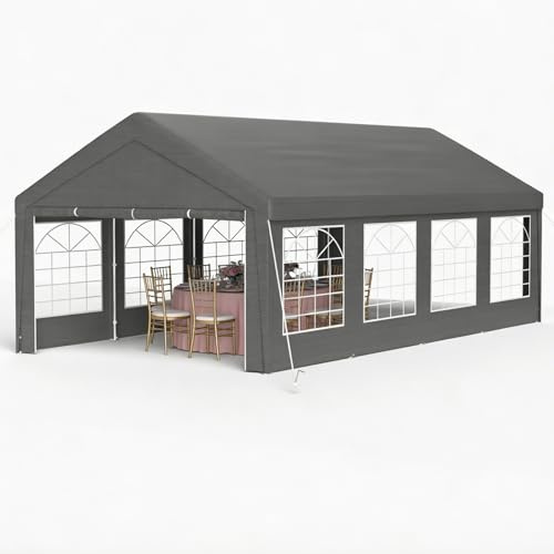 Ferzone Partyzelt Pavillon 4x8M mit 170g PE-Plane, Gartenpavillon Wasserdicht Stabil Winterfest mit Fenstern, Faltpavillon Festzelt UV Schutz 50+ mit Bodenstift&Windseil für Hochzeit Festival, Grau
