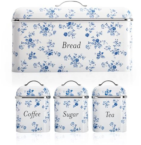 Laura Ashley Bread Bin Removable Lid, Stainless Steel and Set of 3 Canisters With Hand Applied Print, China Rose VQBB66CLACRUK / VQBB25LACRUK, EEJB451