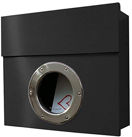 Radius Design Briefkasten Letterman 1 schwarz (RAL 9005) mit Sichtfenster und verdecktem Schloss, 15 Liter, moderner Wandbriefkasten mit Fenster, Postkasten Letterman I mit Bullauge