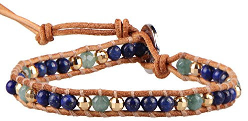 KELITCH Türkis Perlen Wrap Armband Natürliche Leder Einstellbare Armbänder Kristall Perlen Strang Armbänder (Blau 32)