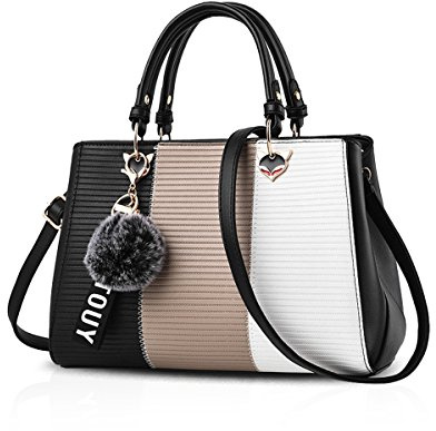 NICOLE & DORIS 2025 Neue Frauen Tasche Damen Leder Handtasche Mode Umhängetasche Mit Pompon abnehmbarem Schultergurt Handtasche Schwarz