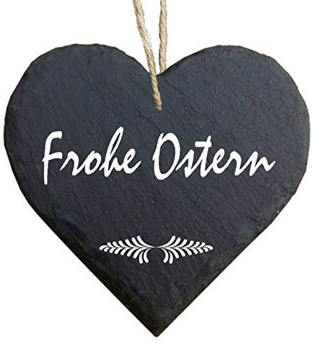 Homeyourself Herz Schieferherz Schiefer Schieferschild 10 x 10 cm Frohe Ostern schwarz Dekoschild Wandschild Schild Stein Geschenk