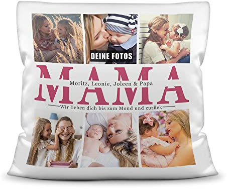 Foto-Kissen selbst gestalten - Mama wir lieben Dich - Collage mit 6 Fotos & Namen - Geschenk für die Beste Mama von Kindern - inkl. Füllung, Kissen Polyester Weiß, 40x40 cm