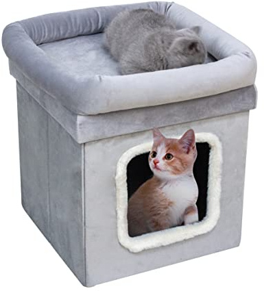 HomeHarmony® Cat Pet House Foldable Easy To Assemble Velvet Pet Kennel Bed Cosy Soft Warm Comfortable With Lid Size 38cm x 38cm x 40cm (Silver)
