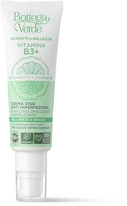 Bottega Verde - Vitamina B3+, Crema Viso Anti Imperfezioni, 50 ml, con Vitamina B3 e Bergamotto, Azione Purificante e Opacizzante, per Pelli Miste o Grasse