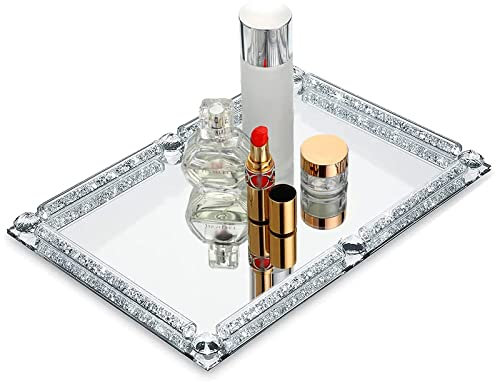 Nuscen Spiegeltablett,Schminktisch Deko,Glastablett Verspiegelte Unterseite,Crystal Tablett Spiegeltablett,Deko Silber,Anti-Rutsch-Design,Einfach zu säubern (Sliber)