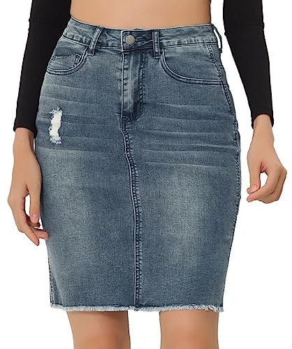 Allegra K Jupe Jean Femme Vintage Taille Haute Délavage Naturel avec Ourlet Effiloché Tous Les Jours | Longueur genou, ourlet déchiré, style cinq poches et fermeture éclair, tissu extensible, tenue décontractée au quotidien