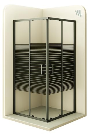 Mampara de Ducha Diana 80x80x180cm | REVERSIBLE | Puertas correderas, Ajuste 77,5-79,5 x 77,5-79,5cm | Perfiles Negros, Cristal serigrafiado con líneas horizontales de 6mm