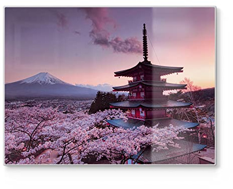 DEQORI Planche à découper en verre | Grande taille 40 x 30 cm | Motif temple de fleurs de cerisier japonais | Planche à découper design pour cuisine | Planche à petit-déjeuner antibactérienne &