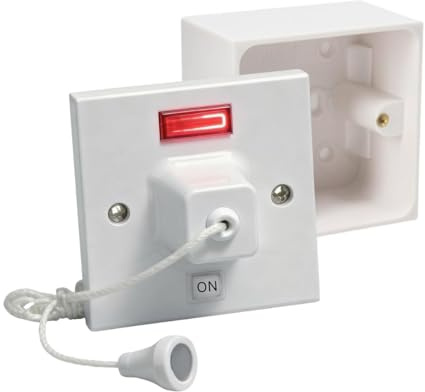 AXIOM 45A 2 Way Shower Ceiling Pull Cord Switch with Mechanical & Neon Indicator & 35mm/45mm Mounted Surface Pattress Back Box (With 45mm Pattress Box)