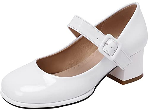 CUTEHEELS Scarpe Mary Jane da donna, comode, con cinturino con fibbia, tacco grosso, con punta arrotondata, bianco, 44 EU
