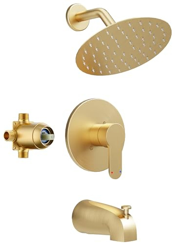 HomGoo Tub Shower Faucet, Brushed Gold Shower Faucet Set with 6-Inch All-Metal Rainfall Showerhead and Bathtub Spout, Single-Handle Tub Shower-Trim Kit Included Valve, Brushed Gold