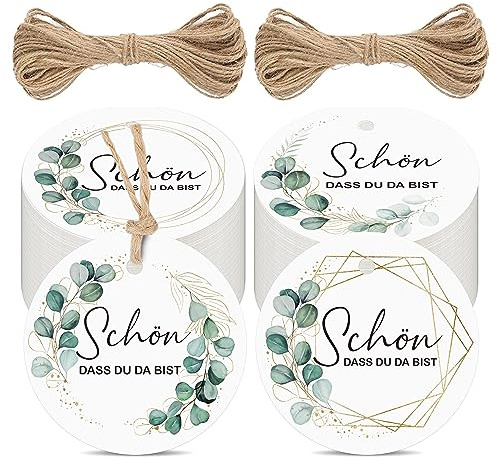 BIROYAL SCHÖN DASS DU DA BIST Geschenkanhänger - 100 Stück Kärtchen zum Beschriften - 4 Verschiedene Designs Geschenkanhänger Etiketten Rund mit 20m Schnur - Geschenk Anhänger für Hochzeit Handwerk