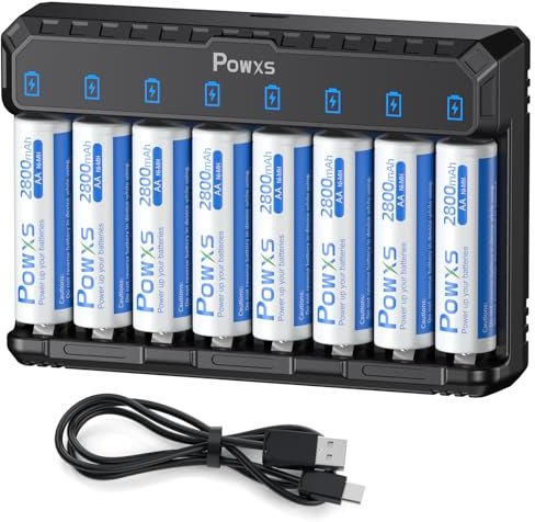 POWXS Caricabatterie con batteria AA, 2800 mAh, 8 pezzi, 8 posti di ricarica, universale, con indicatore LED per batterie al litio NI-MH NI-CD, 8 batterie ricaricabili AA USB e ingresso di tipo C