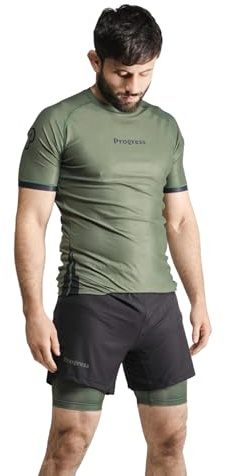 Progress Jiu Jitsu Academy Rashguard à manches courtes | Rashguard BJJ confortable et durable | Rashguard flexible pour lutte, kaki, X-Small