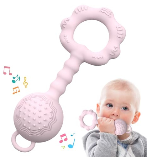 Teething Toys for Babies 6-12 Months, Baby Rattles 0-6 Months, 2-in-1 Rattle and Teether Toy for Soothing Sore Gums and Keeps Little Ones Entertained, Food Grade Silicone, Pink