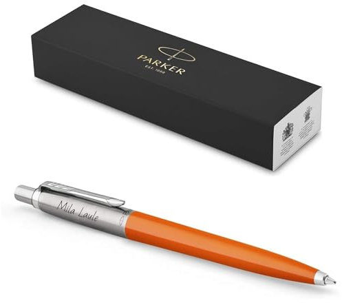 PARKER Jotter Originals Recycled mit Gravur | Premium Stift | Geschenkbox | blaue oder schwarze Mine | personalisiertes Geschenk | Namen | Geburtstag (orange)