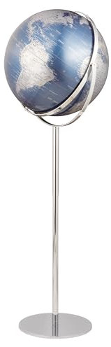 TROIKA Standglobus Ø 43 cm, Höhe 1,32m APOLLO Globus drehbar auf 2 Achsen metallic blaue Meere matt & silberne Landflächen mit Kartenrelief verchromter Metallfuß weicher Filzboden bewegliche Achse