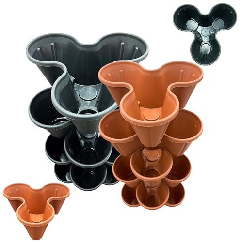 Pluto Packaging Interconnecting Black & Terracotta Trio Strawberry Planters | Stackable Lightweight Garden Plant Pots