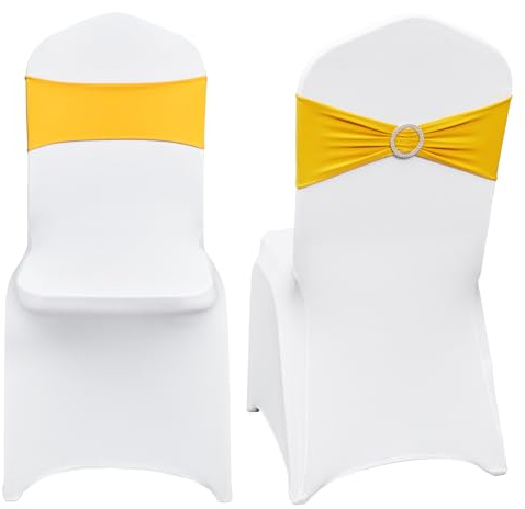 VEVOR Stretch Spandex Folding Chair Covers, Universal Fitted Chair Cover with Chair Sashes, Removable Washable Protective Slipcovers, for Wedding, Holiday, Banquet, Party, Dining (50 Set Gold & White)