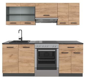 Vicco Küchenzeile R-Line, Goldkraft Eiche/Anthrazit, 200 cm | 5 Module · Höhenverstellbare Füße · AP Anthrazit inkl. · Robuste Fronten · Mit Glasschrank · Frei kombinierbar