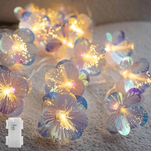 YOLIGHT Fiber Optic Flower Fairy Lights Battery Operated with Timer, 2m 10 LED Flower Garland Lights Firework String Lights for Bedroom Wedding Christmas Easter Cottage Decor (Warm White)