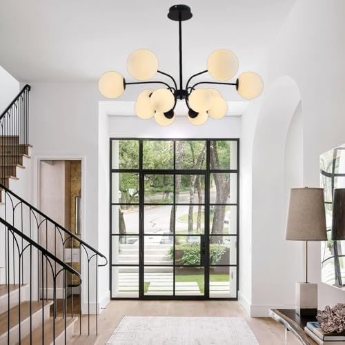 LYSDjia Sputnik Pendelleuchte 12-flammig Mid Century Metallkronleuchter für Esszimmer Kücheninsel moderner Kugel-Kronleuchter Deckenleuchte für Wohnzimmer Eingangsbereich Foyer Hängeleuchte(Black)
