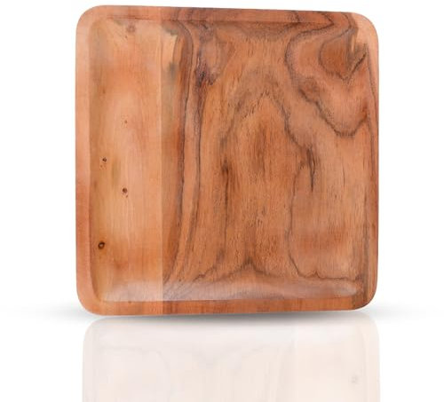 Acacia Wooden Charger Plates, Square Wood Appetizer Plate Centerpiece Tableware Service Plate For Salad, Sandwitches, Burgers, Dinner, Lunch,Weddings, Catering Events - Set of 4 - 10 Inch Natural