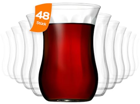 NORDIC SCHILLER Teegläser Set 120 cc, (48 Teeglaser) Türkisches Teeglas, Glatt oder Strukturiert, Hitzebeständig, Spülmaschinengeeignet, Authentisch & Stapelbar, Hochwertiges Glas für Tee & Getränke