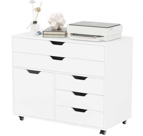 GOPLUS Aktenschrank mit 5 Schubladen, Mobile Kommode mit Seitenschrank & 5 Rollen, Rollbarer Büroschrank Holz, Aufbewahrungsschrank für Wohnzimmer, Arbeitszimmer, Büro, 78 x 40 x 64 cm (Weiß)