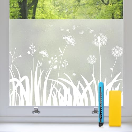 Zindoo Fensterfolie Blickdicht Milchglasfolie Löwenzahn 75 x 200 cm | Sichtschutzfolie Fenster Ohne Kleber, UV-Schutz, rückstandslos entfernbar, ideal für Bad, Küche, Wohnzimmer und Umkleide