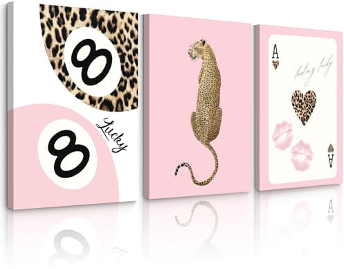 Trendige Wandkunst, Motiv: Gepard, Leopardenmuster, Leinwanddruck, Gepard, Raum-Wanddekoration, 8 Kugel-Poster, Y2K, rosa Kokette, luxuriöser Druck, ästhetische Modebilder für Schlafzimmer, 30,5 x