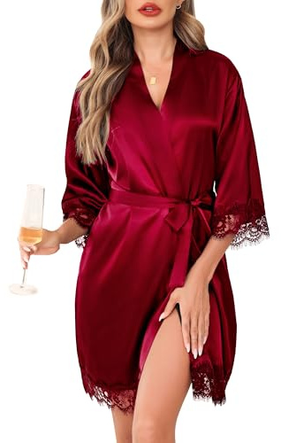 Lovasy Peignoir Satin Femme Mariage en Dentelle Robe de Chambre Soie Court Kimono Bride Sexy Léger Col V avec Ceinture Robe de Demoiselle d'Honneur,B-Rouge foncé,M