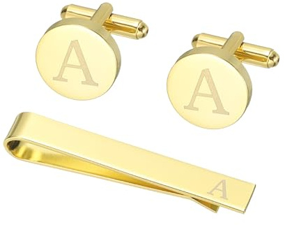 PATIKIL Gemelos Para Hombre, Set De Clip De Corbata Y Gemelos Personalizados Con Inicial Clásico En Cobre Para Padre Esposo Hijo, Letra A (Tonoro Dorado)