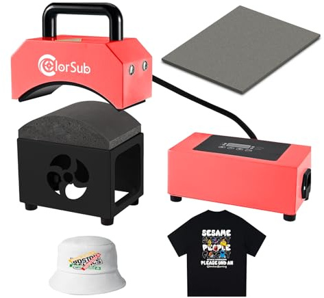 ColorSub Mini Hitzepresse für Kappen Rot Schwarz, Mütze Heißpresse Transferpresse Maschine mit Temperatur & Zeituhr Heat Presse Sublimations Kurvige Druckmaschine für Baseballcaps mit Silikonmatte