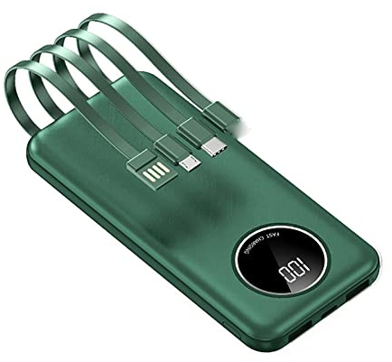 Power Bank 30000mAh Cavo integrato Powerbank con 5 uscite Batteria esterna ad alta capacità per smartphone 5V 2.1A Ricarica rapida, verde, 147 * 69 cm
