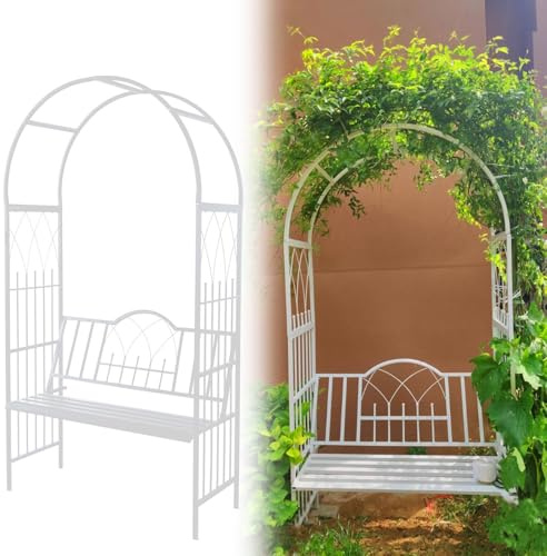 Garden Arbor with Bench, 2.1 cm Metal Trellis Pergola, Outdoor Rose Arch, Patio Arch with Seat, Black/White Garden Arch for Flowers, Stylish Garden Decoration