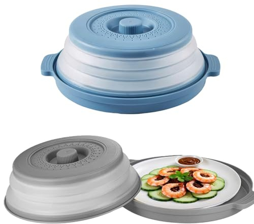 Punklong 2 Pack Microwave Cover for Food Collapsible,10.5 Inch Microwave Splatter Cover with Tray Grip Handle Plate Cover for Food Prevents Foodstuff Splatter, Basket for Fruit Vegetable BPA-Free