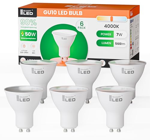 SmartLED Gu10 LED Warmweiß CRI>80, 7W 600Lm, 4000K Neutrale Lichtfarbe, 60W Halogenlampen Ersetzt, 120 Grad Abstrahlwinkel, GU10 LED Reflektorlampe, Nicht-Dimmbar, 6 Stück (6, Neutrale Lichtfarbe)