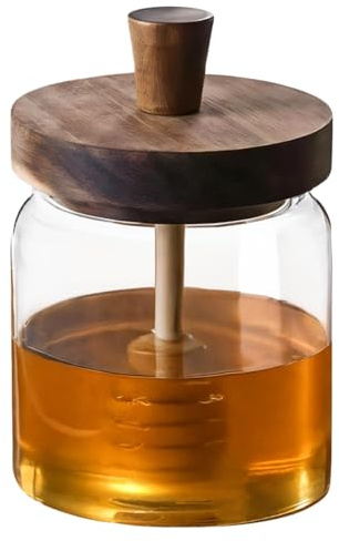 Packool Airtight Glass Honey Jar, High Borosilicate Glass Honey Dispenser with Lid, Built-In Honey Dipper, Glass Honey Container