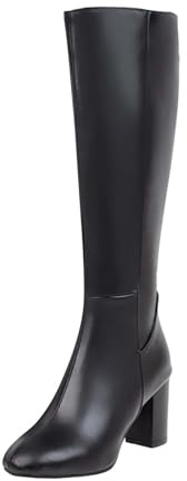 Botas altas por la rodilla con tacón de bloque Profundidad ancha de cuero con tacón Botas de invierno impermeables Botas de caña larga Botas de caña larga Antideslizantes Resistente a la abrasión