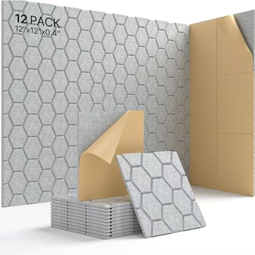EUBSWA Paneles acústicos autoadhesivos, 12 unidades, 12 x 12 x 0,4 pulgadas, diseño moderno, autoadhesivo y fácil de instalar, absorbente de sonido para salas de juegos, oficina en casa (gris)