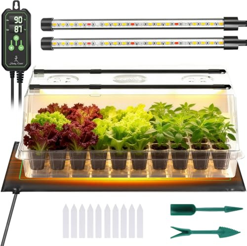 Adawook Large Seed Starter Tray with Grow Light and Thermostat Controller Heat Mat, 10x 20.75 Heat Mats for Plant Growing，68-113°F Adjustable，Color Change Grow Lights，Germination Trays Kits